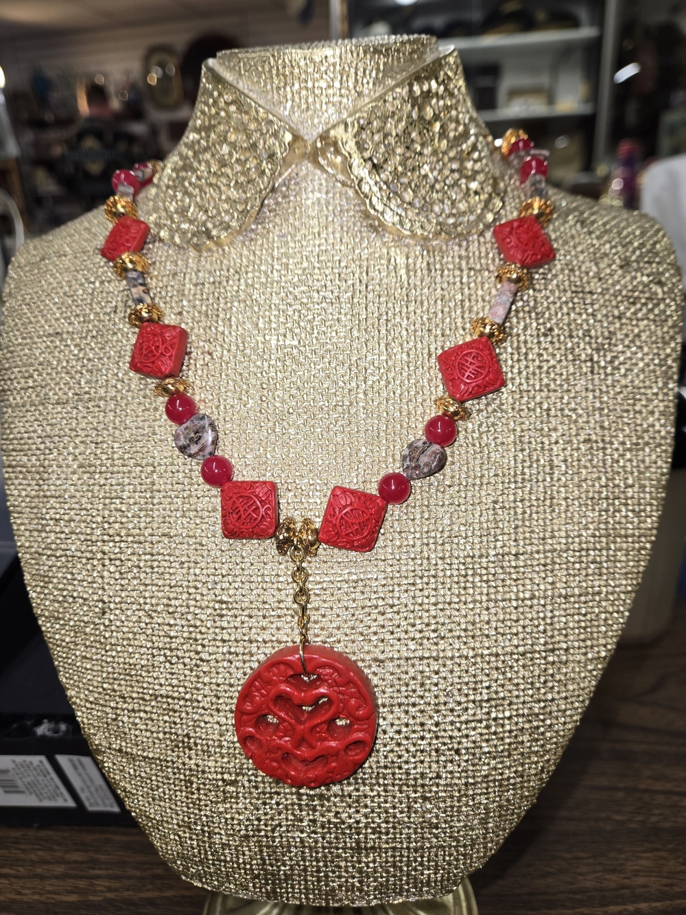 Red Carved Pendant Necklace - Women Jewelry